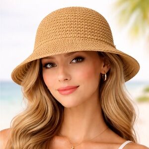 Women’s Khaki Straw Fedora Hat M-L 22–22.8” Wide Brim Summer Beach Sun Hat
